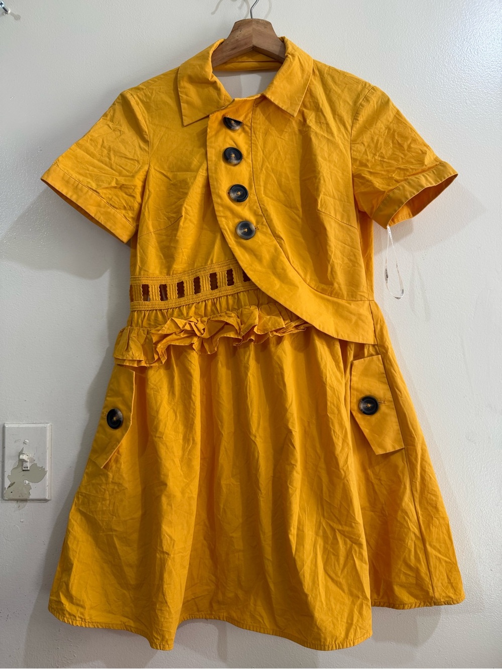 Self-Portrait Mustard Yellow Ruffle Button-Front Cotton Dress